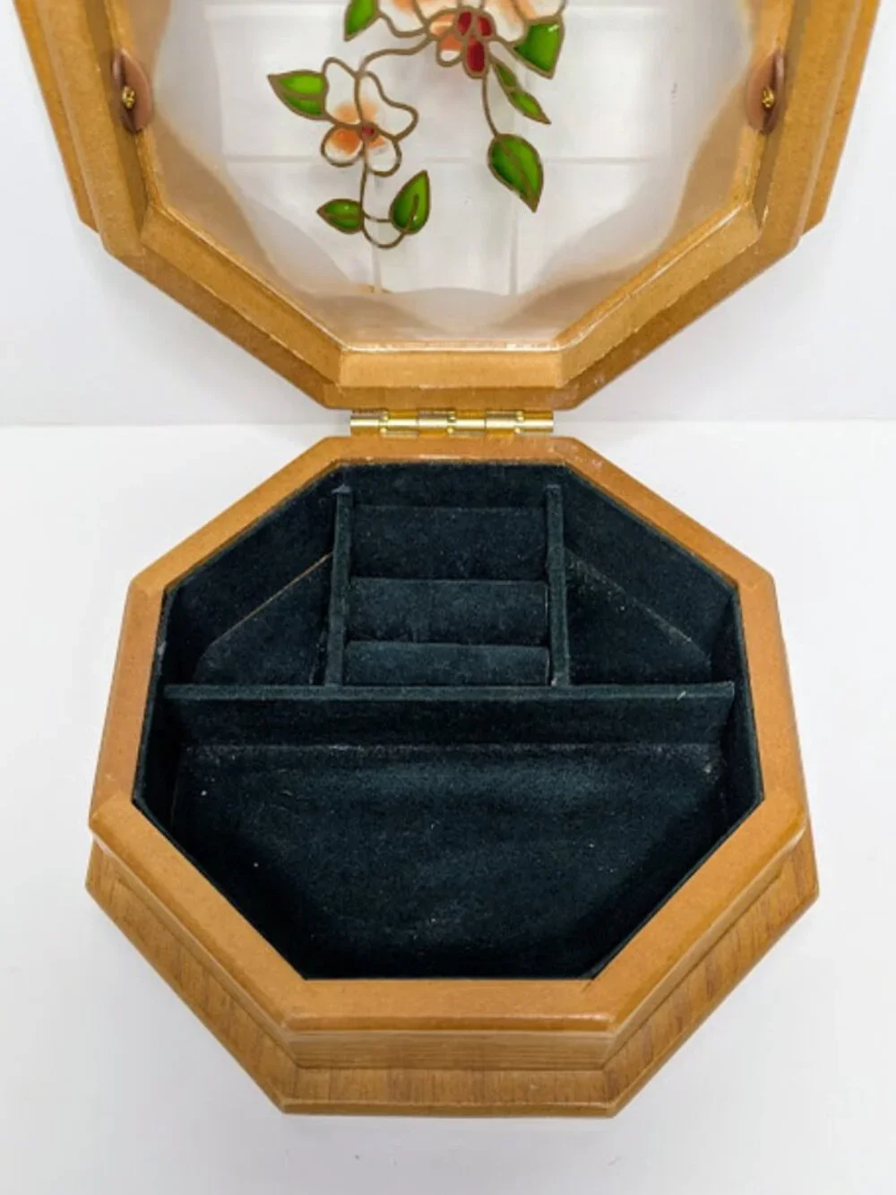 Vintage Mele Octagon Wood Floral Glass Jewelry Box